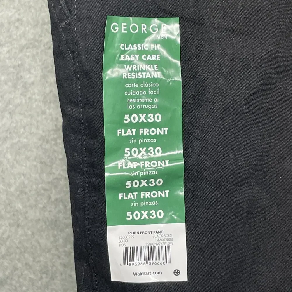 NWT George Fits Men 50x29 Black Classic Fit Flat Front Pants Career Service Wear